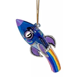 The Bridge Collection Retro Rocket Ship Christmas Ornament - Space-Themed Holiday Decoration with Rainbow Glitter Trail