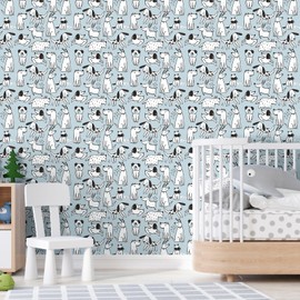 CRE8TIVE 24"x118" Small Dog Wallpaper Cute Kids Peel and Stick Wallpaper Blue White Puppy Animal Wall Mural Self Adhesive Removable Wallpaper Decorative Blue Contact Paper for Boys Girls Nursery Room