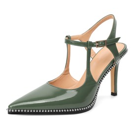 SAMMITOP Green High Heels for Women Closed Pointed Toe Ankle Strap Heels High Heel Stilettos Beaded Pumps Shoes Dressy Wrinkled Patent Leather 3.5 Inch Size 7.5