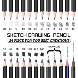 Sketching Pencil Set - 24 Pieces Drawing Sketch Pencil HB,B,2B,3B,4B,5B,6B,7B,8B,10B,12B,14B,H,2H,3H,4H,5H,6H,7H, Includes Charcoal, Eraser, Graphite Pencils for Beginners & Pro Artists