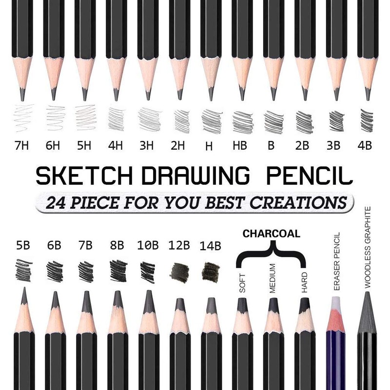 Sketching Pencil Set - 24 Pieces Drawing Sketch Pencil HB,B,2B,3B,4B,5B,6B,7B,8B,10B,12B,14B,H,2H,3H,4H,5H,6H,7H,