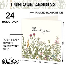 Whaline 24 Pack Vintage Wildflower Thank You Card Green Flower Greeting Card with Envelope Sticker Blank Note Card for Baby Shower Spring Party Invitation Supplies, 5 x 5 Inch