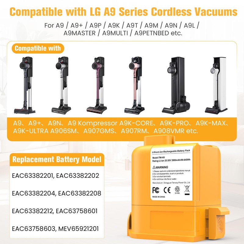 25.55V 3900mAh Battery Compatible for LG CordZero A9 Series Cordless