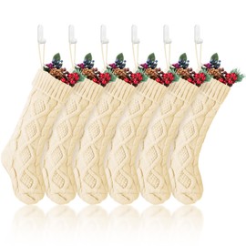Zhanmai 6 Pack Cable Knit Christmas Stockings with Holders Large Classic Xmas Fireplace Hanging Stockings (White,18 Inch)