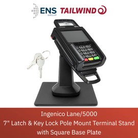 ENS Tailwind Ingenico Lane/5000 V2 7" Latch and Key Lock Flexipole Plus Pole Mount Terminal Stand with Square Freestanding Mobility Base Plate, Black