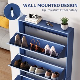 YITAHOME Metal Shoe Cabinet, Wall Mounted Shoe Cabinet with 4 Flip Drawers, Entrance Hidden Slim Shoe Organizer Cabinet, Shoe Rack Storage Cabinet for Entryways, Hallways, Blue