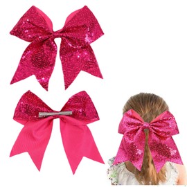 2 Packs Jumbo Hotpink Cheerleading Bow 8 Inch Large Cheer Hair Bows with Alligator Clips for Teen Girls Softball Outfit Uniform (Sequin Hotpink)