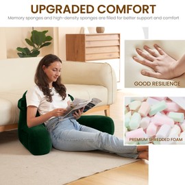 Unisakey Portable Comfy Reading Pillows for Sitting in Bed Adult(Dark Green), Bed Pillow with Arms & Pockets,Elastic Sponge & Washable Cover,Back Pillow for Reading/Watching/Gaming/Resting