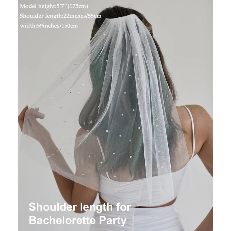 ELAWBTY 1 Tier Pearl Fingertip Length Wedding Bridal Veil With