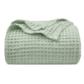 PHF Ultra Soft Waffle Weave Blanket Queen Size 90"x 90"- Washed Lightweight Breathable Cozy Woven Blanket for Bed - Aesthetic Decor for Couch Bedding Sofa Home Car - Sage Green/Mint Green