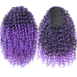YXCHERISHAIR Ponytail Extension,Curly Wavy Ponytail Ombre Grey Drawstring Ponytail Hair Extensions for Women Natural Wavy Synthetic Hairpiece for African Women Daily Use party(T/Purple, 18inch)