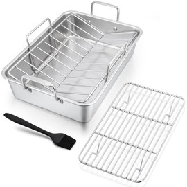 Stainless Steel Roasting Pan with Rack, HaSteeL 13.5In Lasagna Roaster Pan, Baking Rack, V-shaped Rack & 8In Basting Brush, Great for Turkey/Chicken/Veggies/Ham, Heavy Duty & Dishwasher Safe - 4Pcs