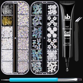 Nail Art Rhinestone Glue Gel&2 Boxes 3D Charms Accessories Kit 4, 1 Pc of 15ml Rhinestone Glue(UV/LED Needed)+3D Flowers Nail Decors Gems Crystal Pearls Bow Beads with Dual-End Brush Tool And Tweezer
