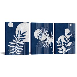 Nachic Wall Minimalist Boho Wall Art Canvas Navy Blue Bathroom Decor Geometric Leaf Painting Mid Century Artwork (Blue)