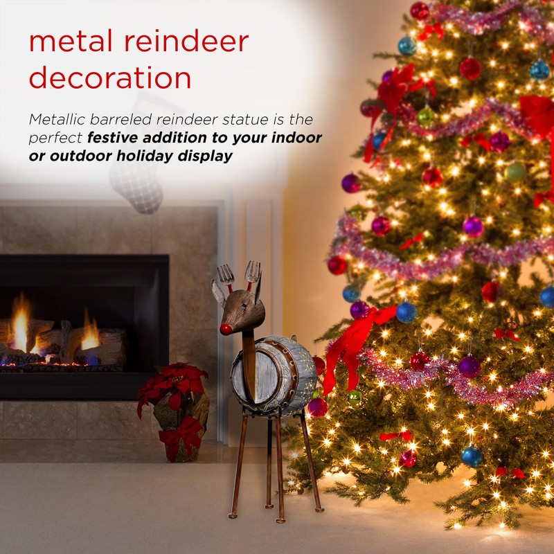 Alpine Corporation 33" H Indoor/Outdoor Metal Barrel Reindeer Christmas Holiday