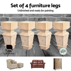 7 inch / 18cm Wooden Furniture Legs, La Vane Set of 4 Carved Geometry Solid Wood Unfinished Replacement Bun Feet with Mounting Plate & Screws for Sofa Cabinet Couch Table TV Stand