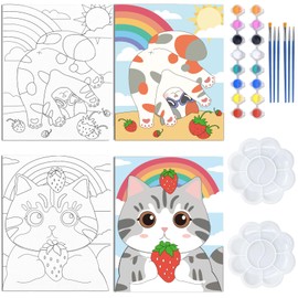 WEBEEDY 2 Pack 8x10 Inch Pre Drawn Canvas Pre Printed Canvas Set Cute Animals Painting Canvas Coloring Painting Canvas Set for Beginner Artist,Easy Acrylic Paint with Paints and Brushes Cat Rainbow