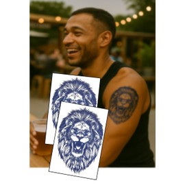 Roaring Lion Semi-Permanent Tattoo – 2x 6x4" Sheets – Bold Blue Ink Hardwear for Men – by Inkwear
