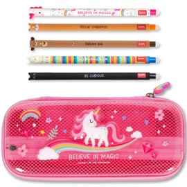 LEGAMI WonderWow Pencil Case & Erasable Pen | Set of 5 Cute Animal Pens with Thermosensitive Ink + 2-Compartment Pencil Case | Back to School Supplies for Girls, Boys, Kids (Unicorn)