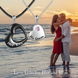 POPLYKE Heart Couples Necklace for Him and Her Sterling Silver Matching Necklaces for Couples Jewelry Gifts Her King His Queen Necklace