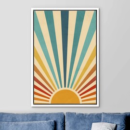 Ashbrook Framed Canvas Print Wall Art Sun with Blue, Red and Yellow Sunlight Rays Nature Wilderness Illustrations Modern Rustic Scenic Relax/Calm for Living Room, Bedroom, Office - 16"x24" WHITE