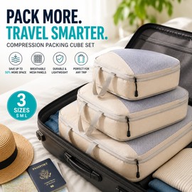Compression Packing Cubes for Travel, 3-Piece Expandable Luggage Organizer Set, Lightweight Suitcase Packing Organizers with Compression Zipper, Waterproof Travel Storage Bags for Carry-On & Luggage