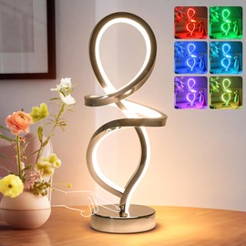 Mayful Modern Table Lamp, RGB Table Lamp，LED Spiral Lamp, Silver Bedside Lamp with 7 Colors 10 Light Modes, Touch Dimmable Nightstand Lamp for Bedroom Living Room Home Office, 15W
