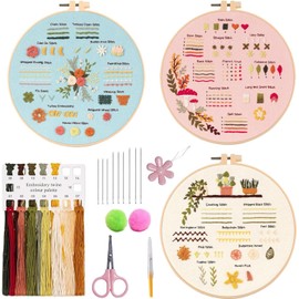 Embroidery Kit for Beginner,3 Sets Stitch Practice Kit, with Hoop and Needle Thread, Flower Cross to Learn 30 Different AdultKids Starter