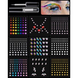 9 Sheets Face Rhinestone Stickers Set 1, Multi Shapes Flat Back Gems Star Heart Crystal Bling Face Jewel Stickers, with Makeup Glue for Eyes Face Hair Body Nails Rave Party Concert Makeup