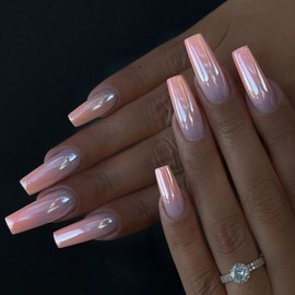 Press on Nails Medium Square French Tip Fake Nails Pink Grey False Nails with Gradient Designs Beautiful Color Glossy Full Cover Glue on Nails Stick on Nails Acrylic Nails for Women Girls 24 Pcs