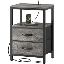 Huuger Nightstand with Charging Station, Fabric Drawers, End Table with Open Shelf, Bedside Table with USB Ports and Outlets, Night Stand for Bedroom, Gray