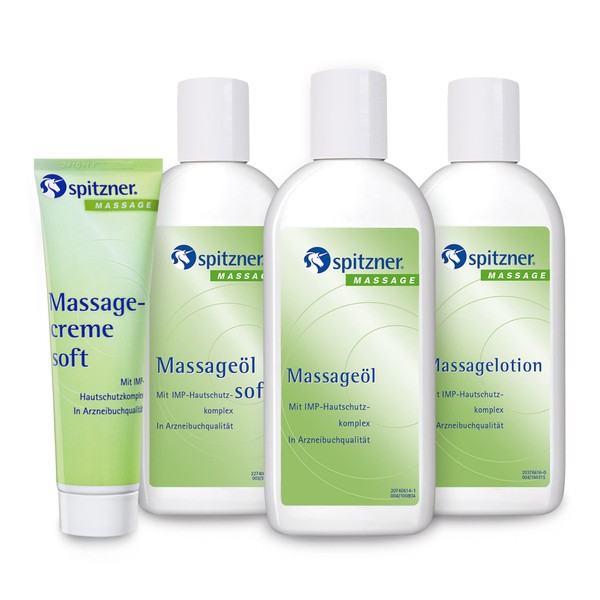 Spitzner Massage Set of 4 (Massage Oil Soft & Classic 200 ml Each + Massage Lotion Classic 200 ml & Massage Cream Soft 50 ml) - Nourishing Massage Products for Sensitive Skin
