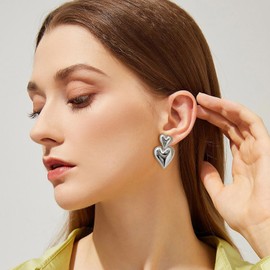 Silver Heart Earrings For Women Heart Drop Earrings Double Heart Statement Earrings Chunky Silver Earrings Heart Dangly Earrings For Women Chunky Hoop Earrings For Women Girls