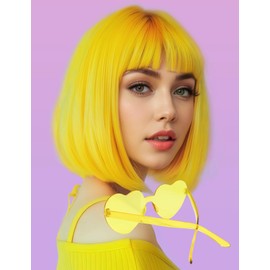MIUSKATL Wig and Sunglasses 12 Inch Short Bob Wigs with Bangs for Women Costume Cosplay Party (Yellow)