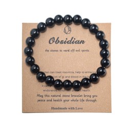 Pingyongchang Stress Relief Anxiety Yoga Bracelet,Healing Crystal Stone Mantra Bracelets for Women Natural Beaded Birthday Gifts Inspirational Jade Bracelet for Men-Obsidian