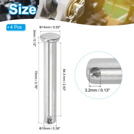 PATIKIL 10 x 70 Mm Single Hole Clevis Pins, 4 Pcs 304 Stainless Steel Flat Head Pin for Hitch Pin Lock Link Hinge Systems, Silver
