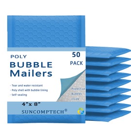Suncomptech 4x8 inches Poly Bubble Mailers, Self Seal and Water Resistant Padded Shipping Bags, Waterproof Mailing Envelopes (Usable 4x7 inches, Sky Blue, 50 Pieces)