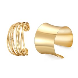 Generisch Gold Cuff Bracelets for Women, Pack of 2 Open Wide Cuff Bracelets, Adjustable Gold Open Bangle Bracelet for Women Girls