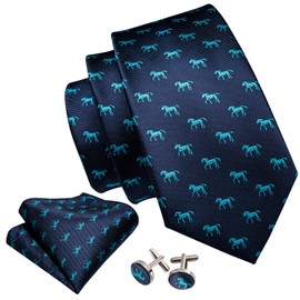 Barry.Wang Fun Animal Ties for Men Designer Handkerchief Cufflink WOVEN Casual Necktie Set Festival, Blue Horse, One Size