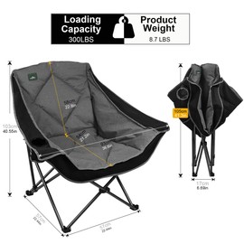 Northroad Oversized Foldable Camping Chair, Outdoor Padded Lawn Chair w/Cup Holder,Carry Bag for Beach, Hiking, and Picnics,Heavy-Duty 300-lbs Capacity, Black