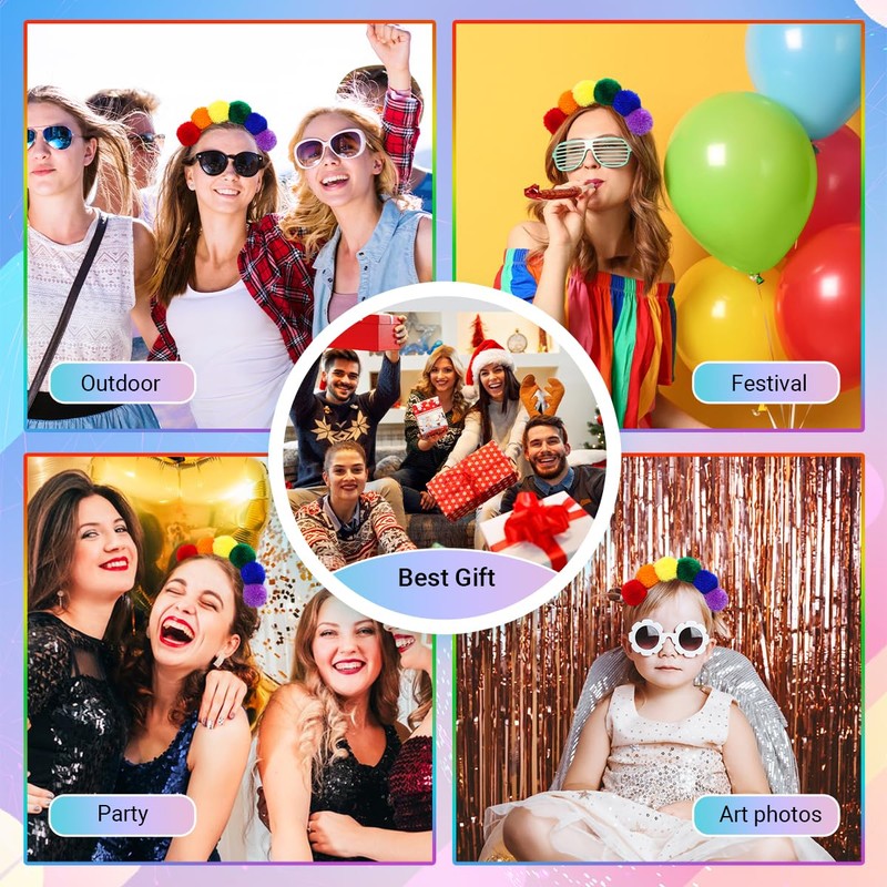 Sprinlot Headband with Pompoms Colourful, Pompom Tiara Rainbow, Rainbow Headband,