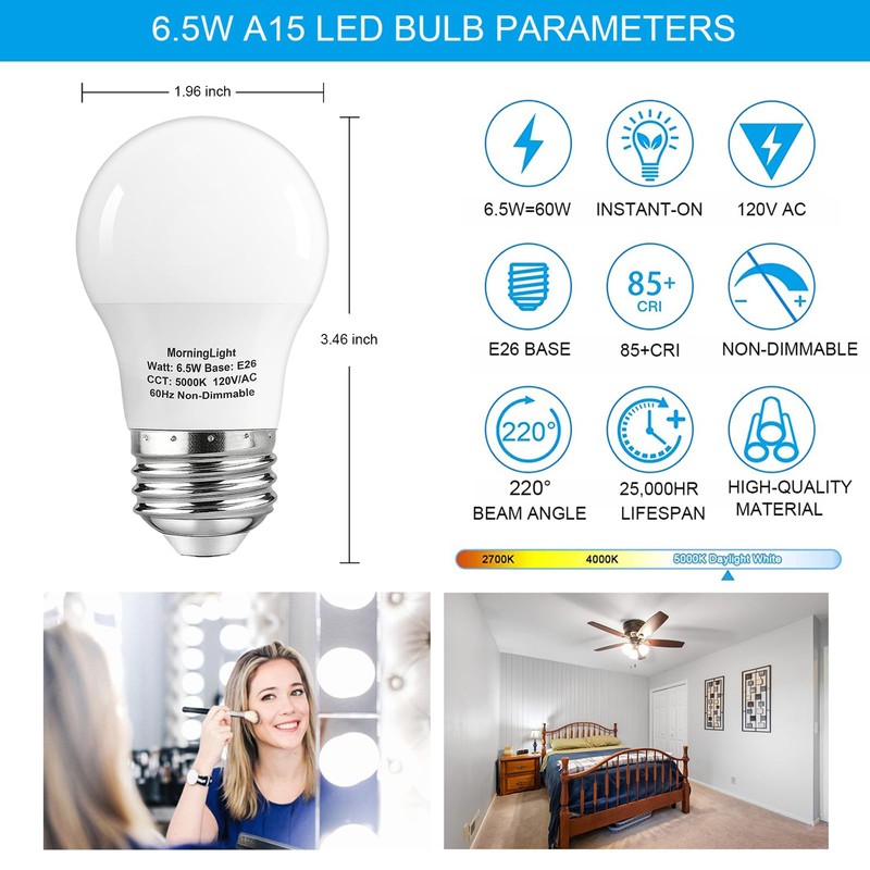 MorningLight 6 Pack A15 LED Bulbs 60W Equivalent, Non-Dimmable, Daylight