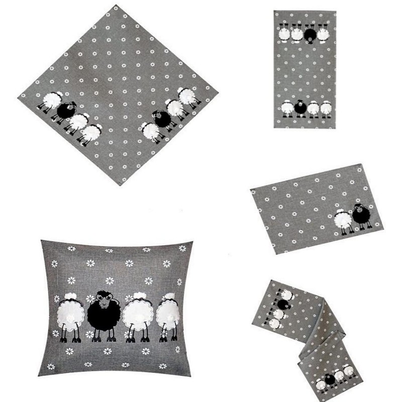 Tablecloth, table runner, cushion cover, embroidery, appliqué, sheep, grey, white