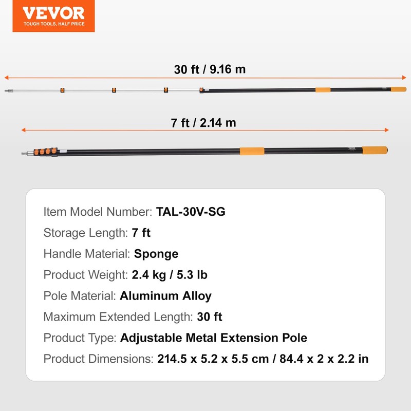 VEVOR Telescopic Extension Pole, 7-30 FT Multi-Purpose Extension Pole, Sturdy