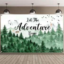 LOONELO Let The Adventure Begin Backdrop Banner with 70.8"X43.3", Adventure Awaits Bon Voyage Tree Mountain Wilderness Forest Photography Background for Baby Shower Birthday Party Decoration