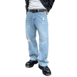 Men's Ripped Jeans Y2K Vintage Regular Fit Denim Pants Distressed Destroyed Jeans Trousers Blue S