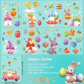 AhfuLife Easter Window Cling 66 Pcs, 9 Sheets Larger Easter Gnomes Window Stickers, Easter Bunny Window Stickers and Easter Eggs Spring Window Cling for Home, Office, School Party Decoration Supplies