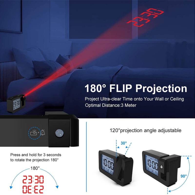 CHEREEKI Projection Alarm Clock, Digital Projector Clock Mains Powered Bedside