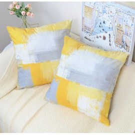 TIAODIAN Set of 2 Velvet Cushion Covers 45 x 45cm Modern Art Decorative Pillowcases Yellow and Grey Throw Pillow Covers 18"x18" for Couch Sofa Living Room Bedroom Abstract Geometric Home Decor