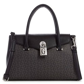 GUESS Women's Godfrey Black Logo Print Lock Charm Medium Satchel Shoulder Crossbody Bag Handbag